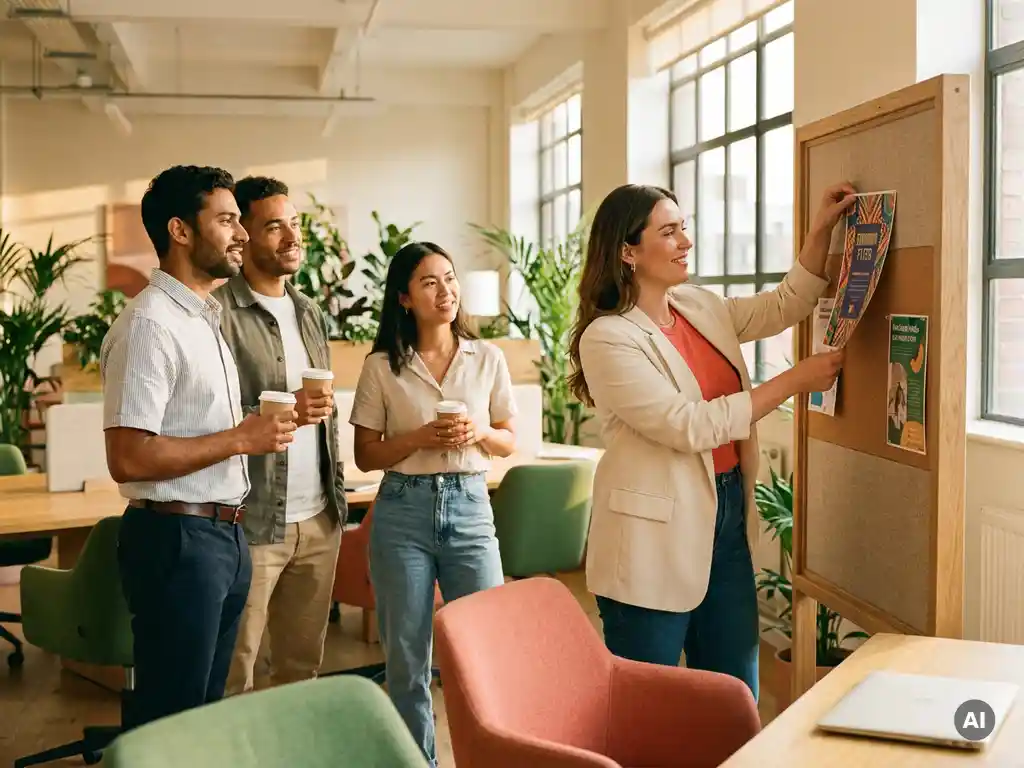 HR-Managerin heftet buntes Wellness-Programm-Flyer an Pinnwand in hellem Büro mit Kollegen im Hintergrund.