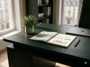Aufgeräumter Schreibtisch mit gedrucktem Jahresgesundheitsbericht, kleiner grüner Topfpflanze und elegantem Stift im Stuttgarter Büro.