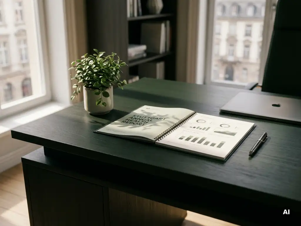 Aufgeräumter Schreibtisch mit gedrucktem Jahresgesundheitsbericht, kleiner grüner Topfpflanze und elegantem Stift im Stuttgarter Büro.