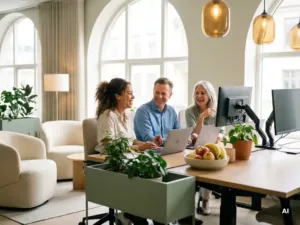 Drei Generationen von Kolleginnen und Kollegen lachen gemeinsam an einem ergonomischen Arbeitsplatz in einem hellen, modernen Büro-Wellnessbereich.