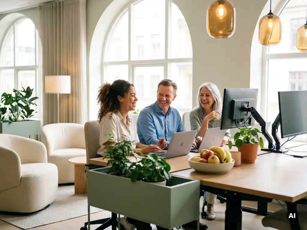 Drei Generationen von Kolleginnen und Kollegen lachen gemeinsam an einem ergonomischen Arbeitsplatz in einem hellen, modernen Büro-Wellnessbereich.
