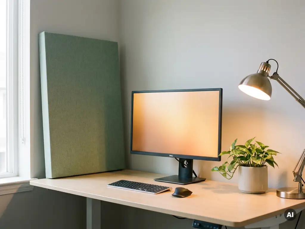 Moderner Schreibtisch mit kalibriertem Monitor, Schreibtischlampe, Akustikpanel und grüner Pflanze in warmen Weiss- und Salbeitönen.