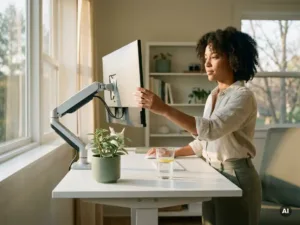 Fachkraft stellt ergonomischen Monitor an hellem Büroarbeitsplatz ein, Wasserglas und grüne Pflanze auf weißem Schreibtisch.
