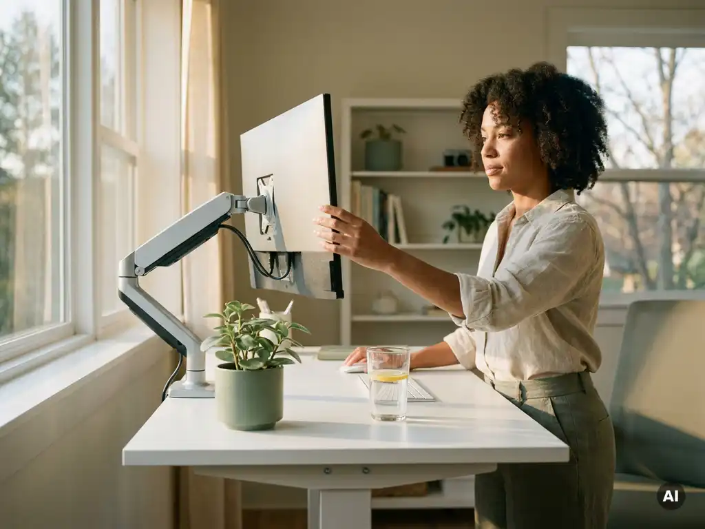 Fachkraft stellt ergonomischen Monitor an hellem Büroarbeitsplatz ein, Wasserglas und grüne Pflanze auf weißem Schreibtisch.