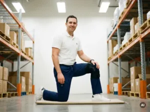 Physiotherapeutin in Klinikkleidung demonstriert ergonomische Knieposition auf Lagerboden, Kniebandage sichtbar.