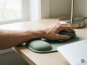 Hand mit sichtbarer Muskelspannung auf ergonomischer Büromaus, Handgelenkauflage daneben, helles modernes Schreibtisch-Setup.