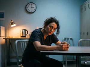 Erschöpfte Nachtschicht-Krankenpflegerin mit Kaffeebecher in düsterer Pausenraum-Atmosphäre, Wanduhr zeigt 3 Uhr nachts.