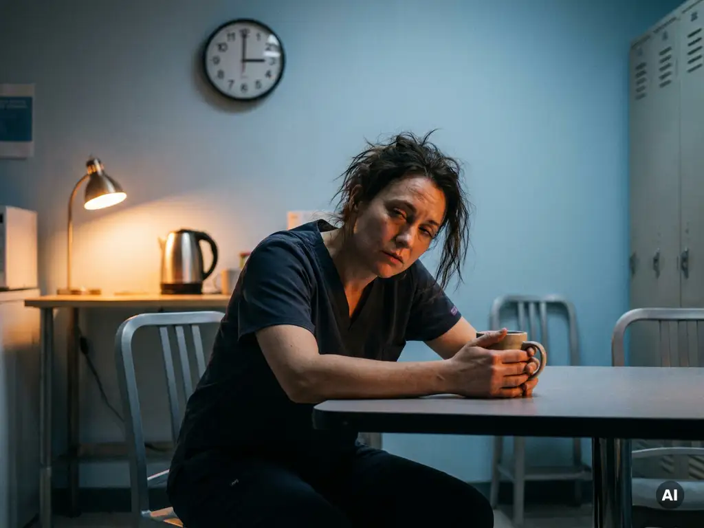 Erschöpfte Nachtschicht-Krankenpflegerin mit Kaffeebecher in düsterer Pausenraum-Atmosphäre, Wanduhr zeigt 3 Uhr nachts.